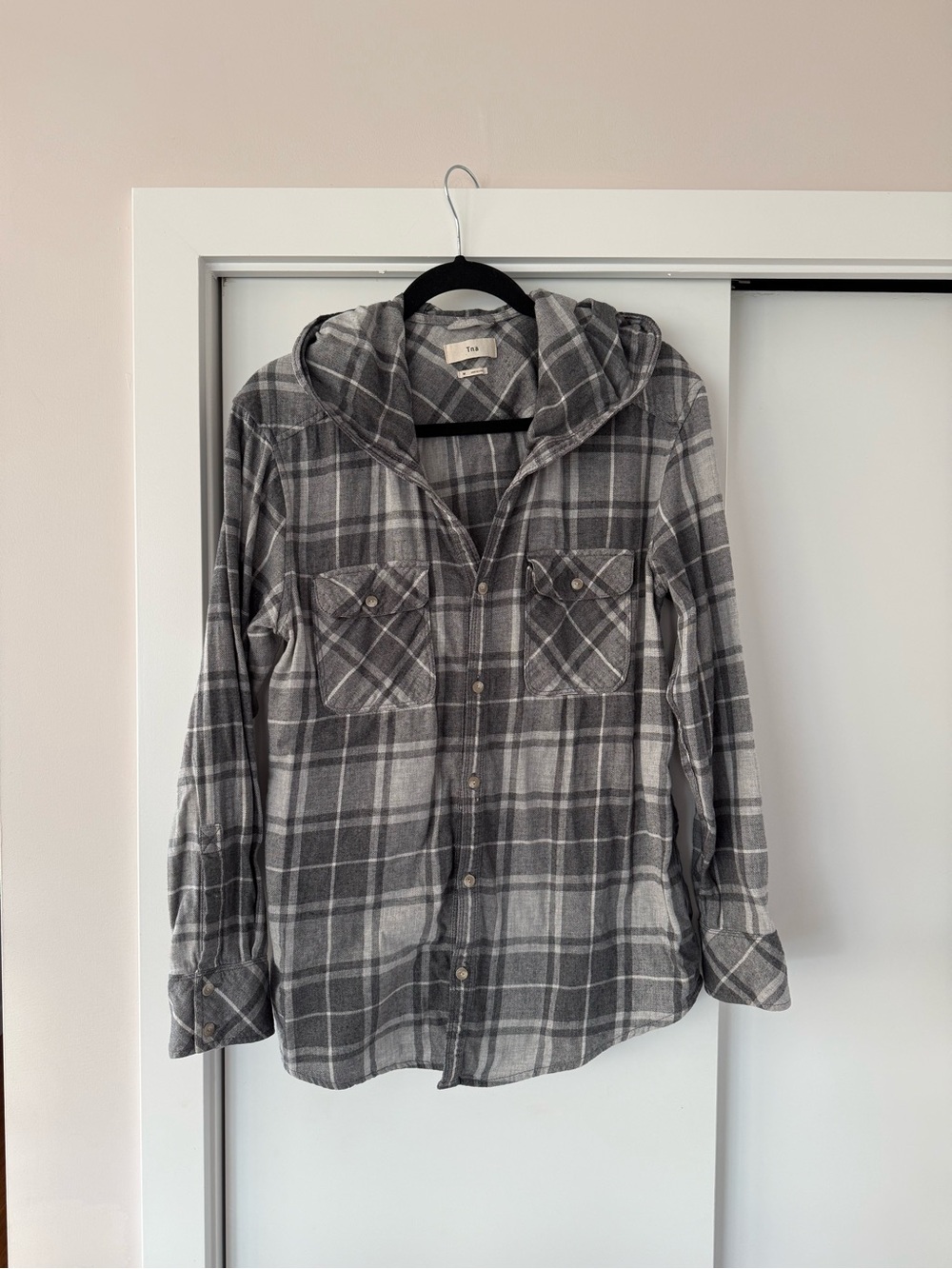 TNA Gray Plaid Hooded Button-Up Shirt